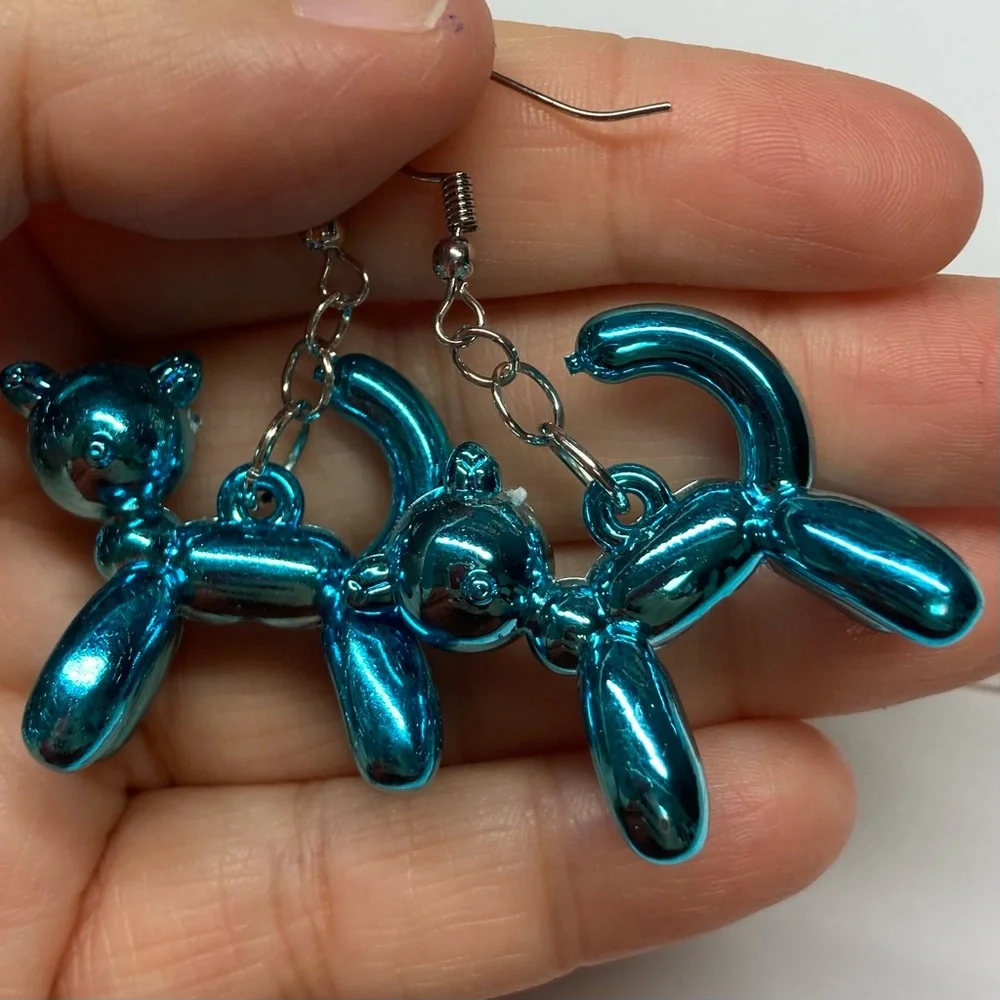 Handmade fun Blue Balloon cat Animal Earrings playful women girls metallic